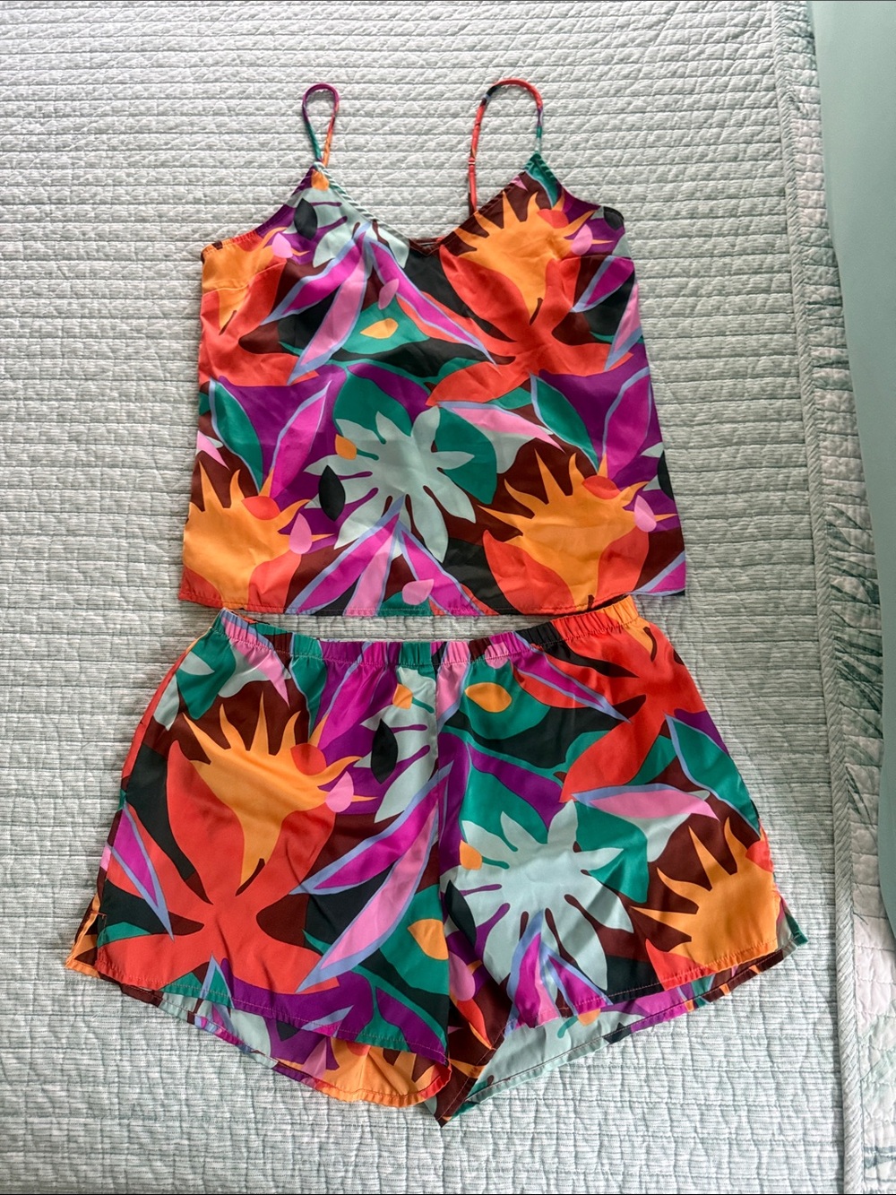 Colorful Tropical Print Silk PJs